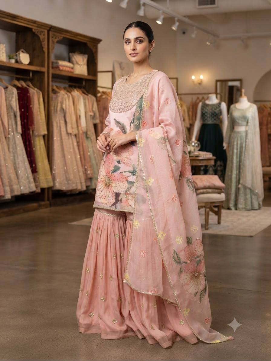 Pink Floral Embroidered Sharara Set with Dupatta | Party & Wedding Wear