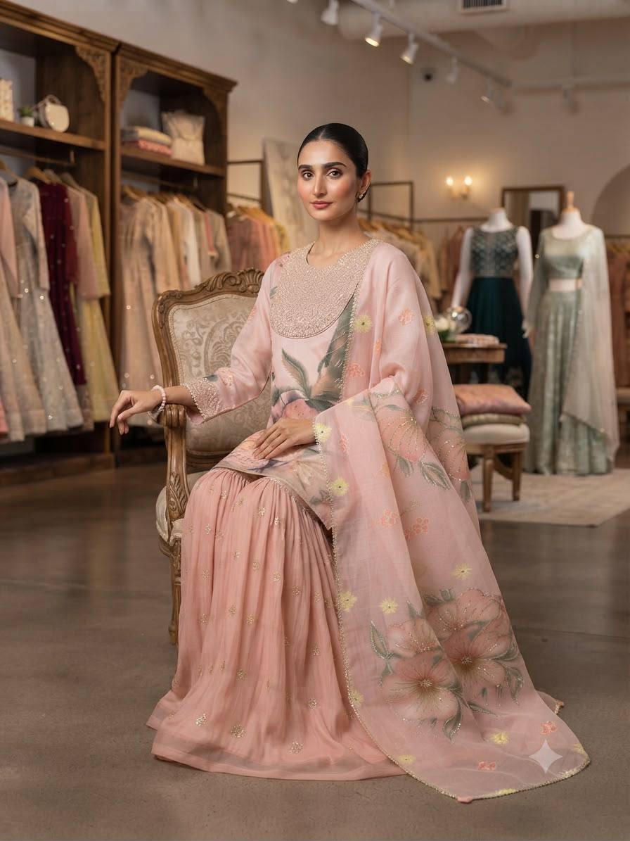 Pink Floral Embroidered Sharara Set with Dupatta | Party & Wedding Wear