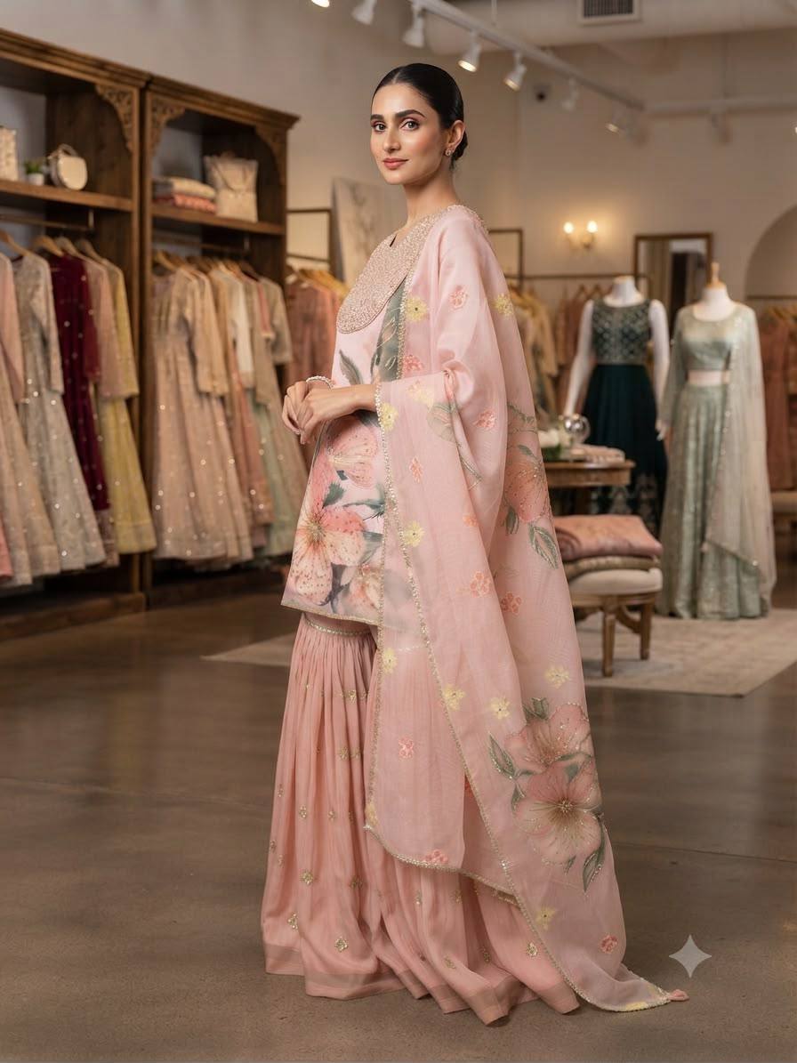 Pink Floral Embroidered Sharara Set with Dupatta | Party & Wedding Wear