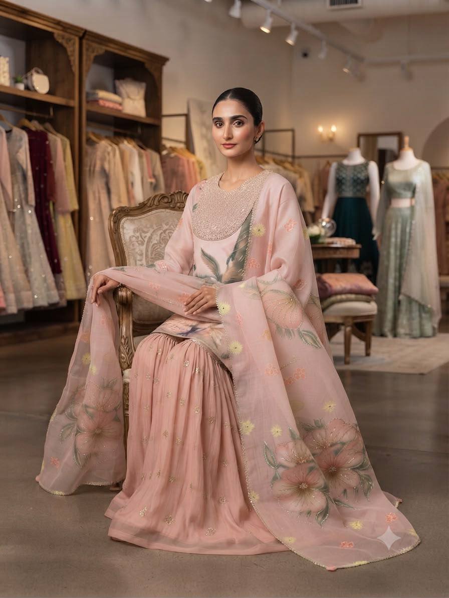 Pink Floral Embroidered Sharara Set with Dupatta | Party & Wedding Wear