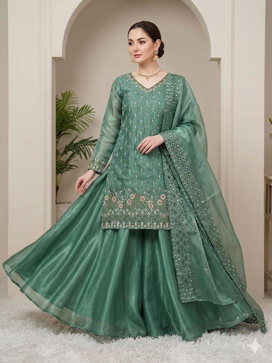Designer Embroidered Kurta Palazzo Dupatta Set | Festive Ethnic 3 Piece Suit