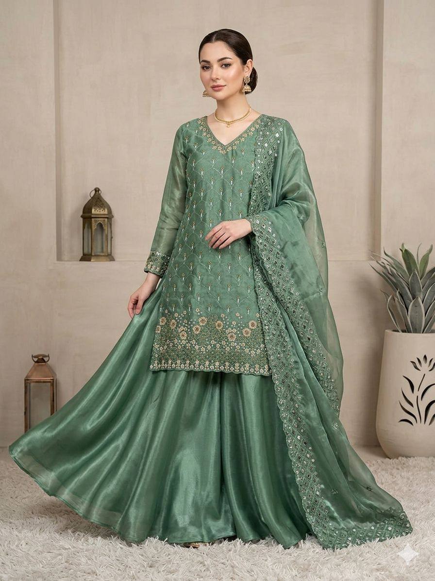 Designer Embroidered Kurta Palazzo Dupatta Set | Festive Ethnic 3 Piece Suit