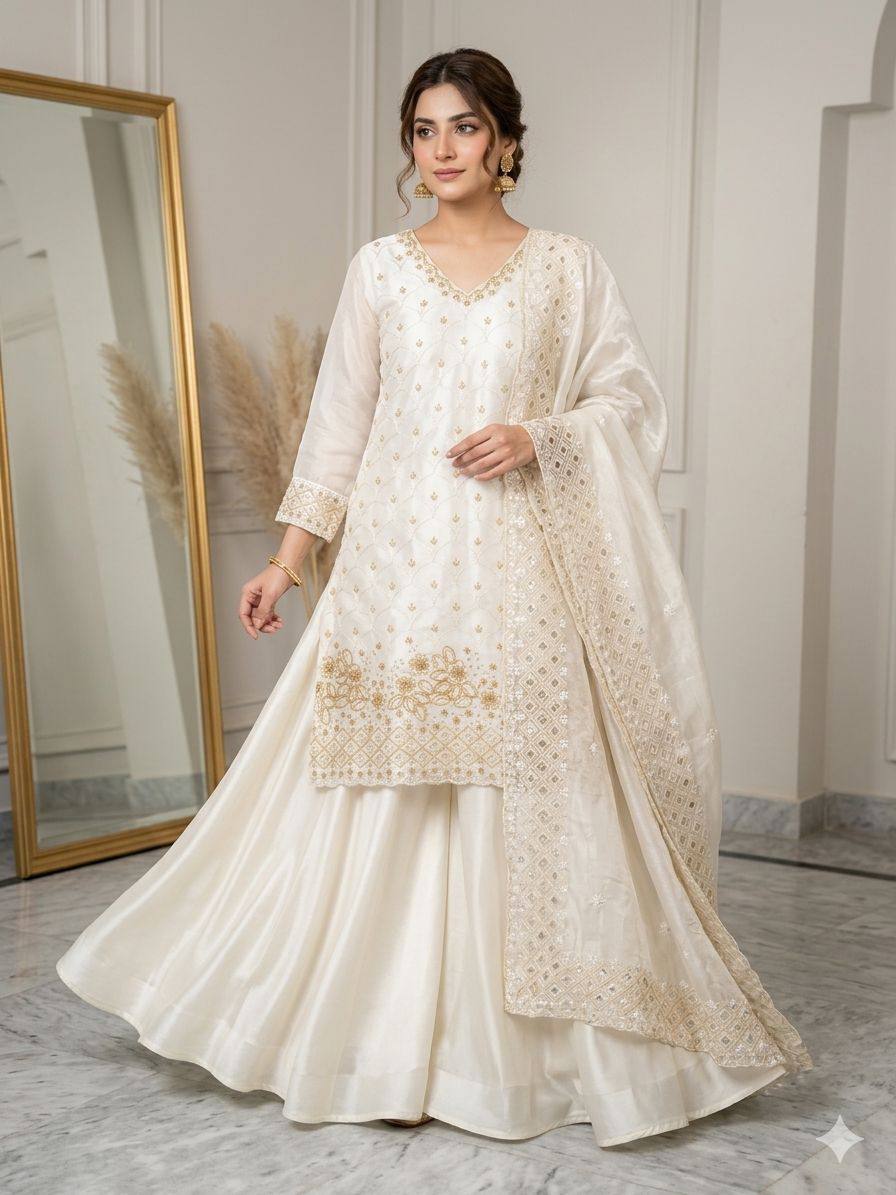Designer Embroidered Kurta Palazzo Dupatta Set | Festive Ethnic 3 Piece Suit