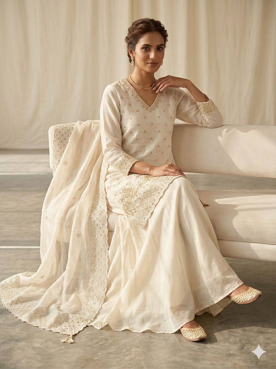 Designer Embroidered Kurta Palazzo Dupatta Set | Festive Ethnic 3 Piece Suit