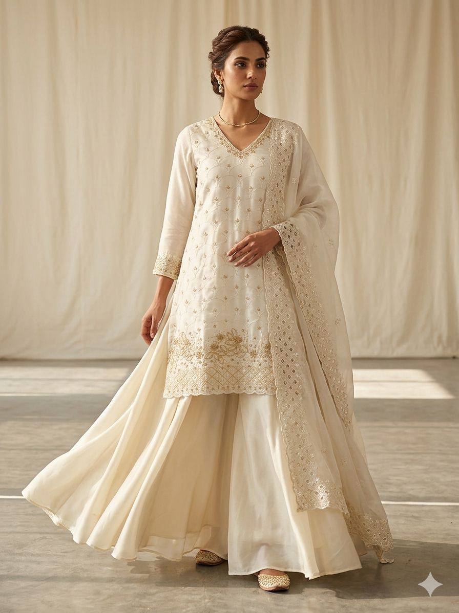 Designer Embroidered Kurta Palazzo Dupatta Set | Festive Ethnic 3 Piece Suit