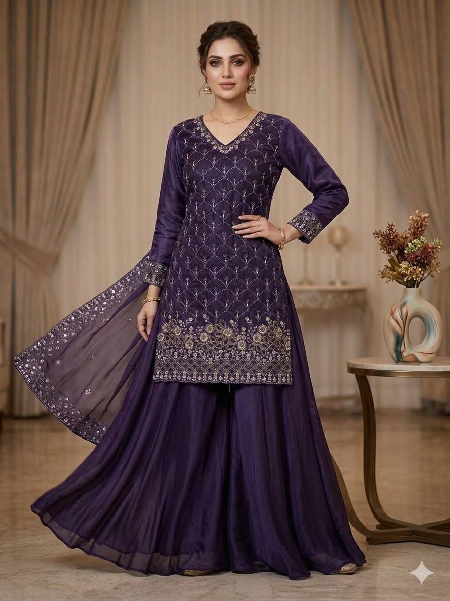 Designer Embroidered Kurta Palazzo Dupatta Set | Festive Ethnic 3 Piece Suit