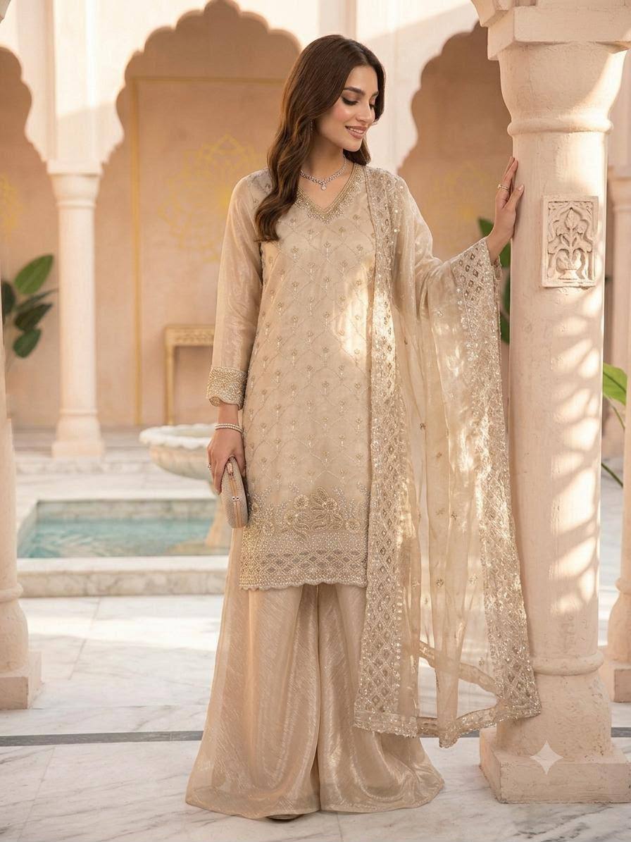 Designer Embroidered Kurta Palazzo Dupatta Set | Festive Ethnic 3 Piece Suit