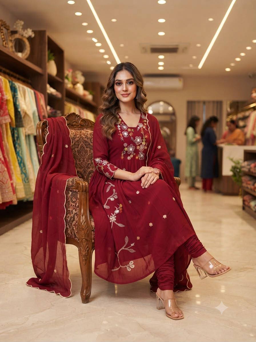Embroidered Anarkali Kurta Pant Set With Dupatta