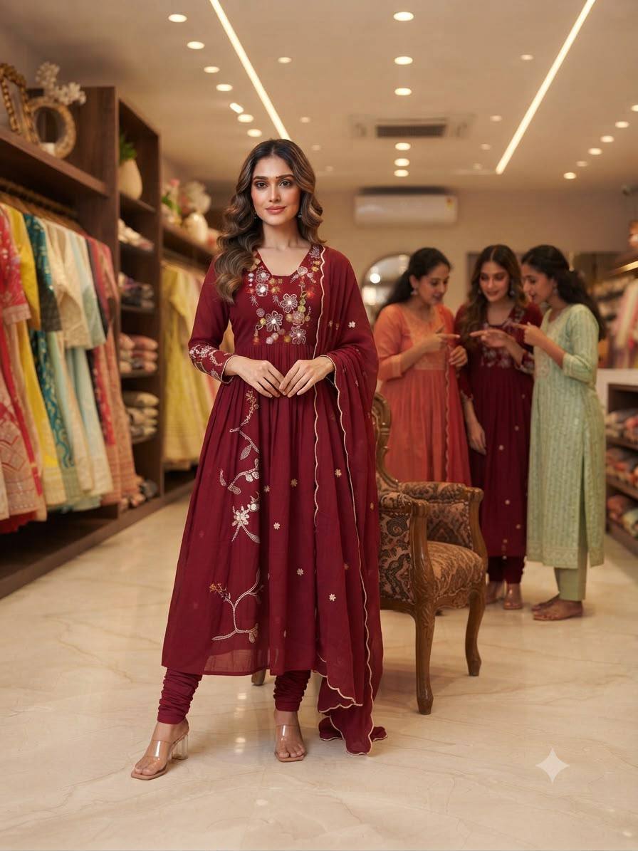 Embroidered Anarkali Kurta Pant Set With Dupatta