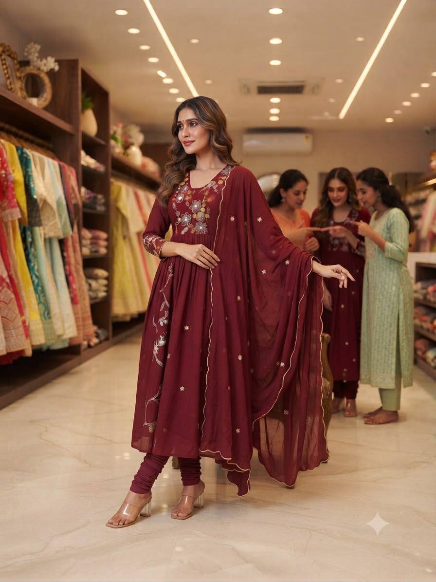 Embroidered Anarkali Kurta Pant Set With Dupatta