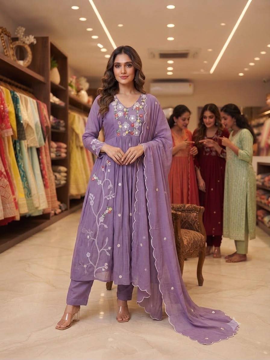 Embroidered Anarkali Kurta Pant Set With Dupatta