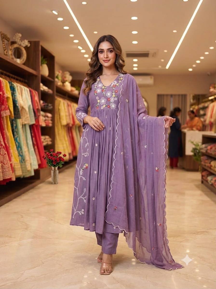 Embroidered Anarkali Kurta Pant Set With Dupatta
