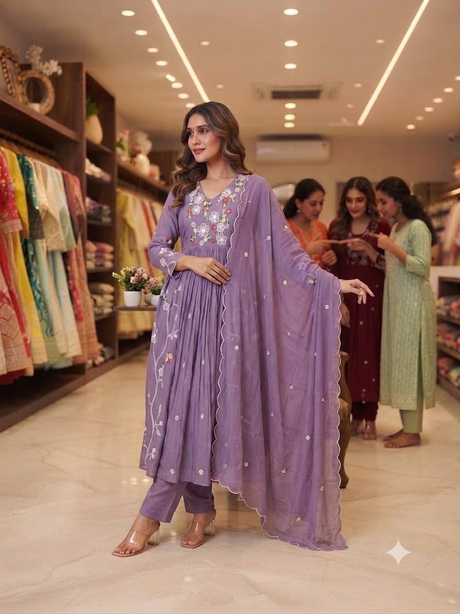 Embroidered Anarkali Kurta Pant Set With Dupatta