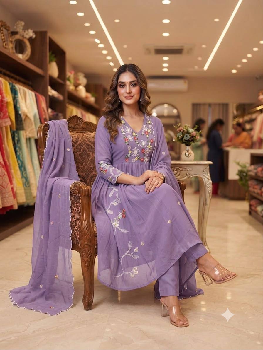 Embroidered Anarkali Kurta Pant Set With Dupatta