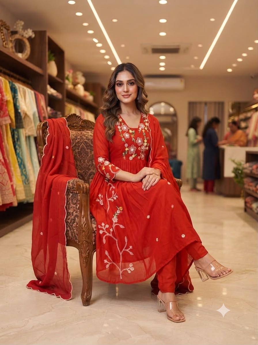 Embroidered Anarkali Kurta Pant Set With Dupatta