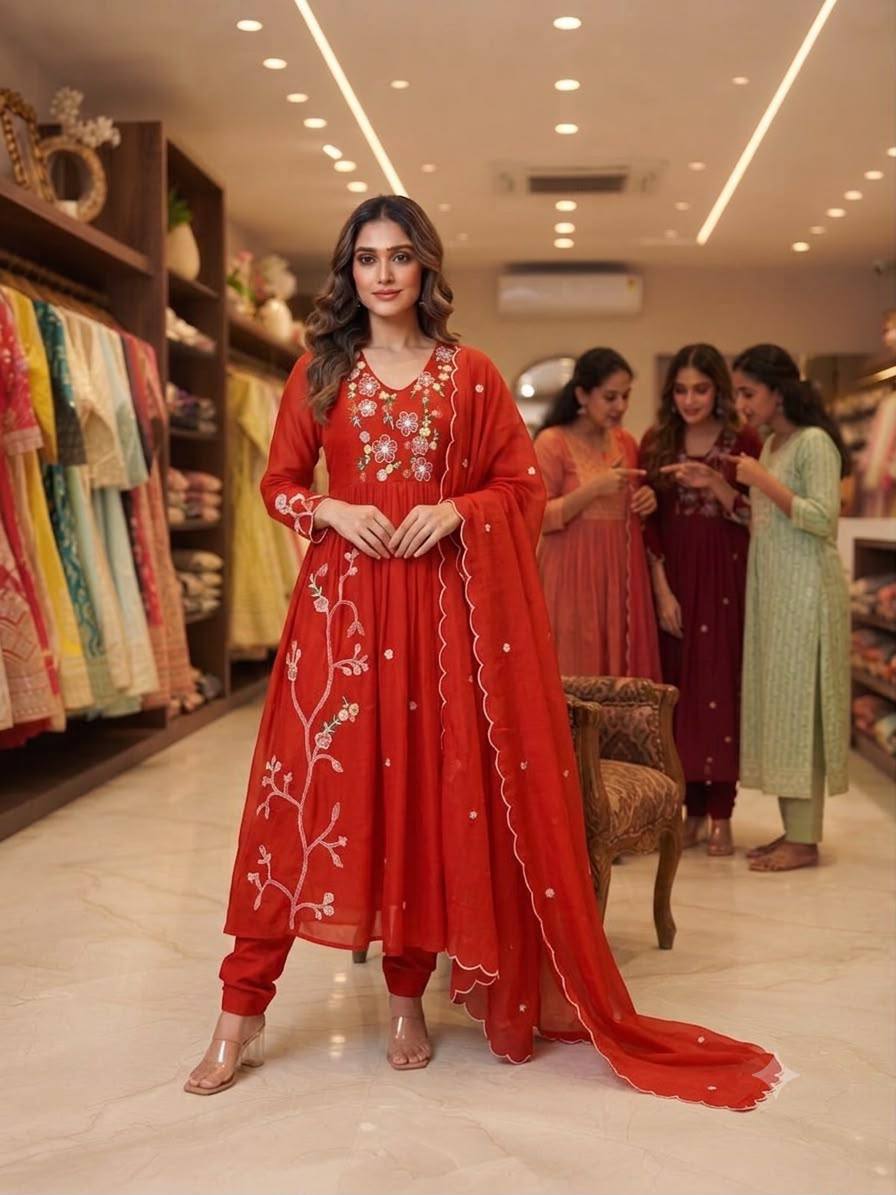 Embroidered Anarkali Kurta Pant Set With Dupatta