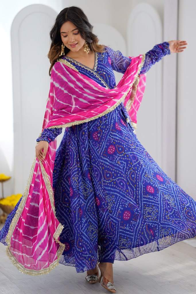 Designer Bandhani Printed Anarkali Gown With Dupatta | Festive Ethnic Wear