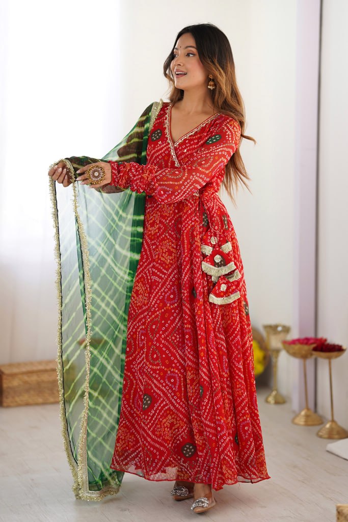 Designer Bandhani Printed Anarkali Gown With Dupatta | Festive Ethnic Wear