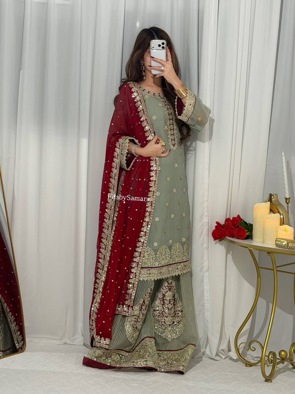 Sage Green Embroidered Palazzo Suit Set with Maroon Dupatta | Festive & Wedding Wear
