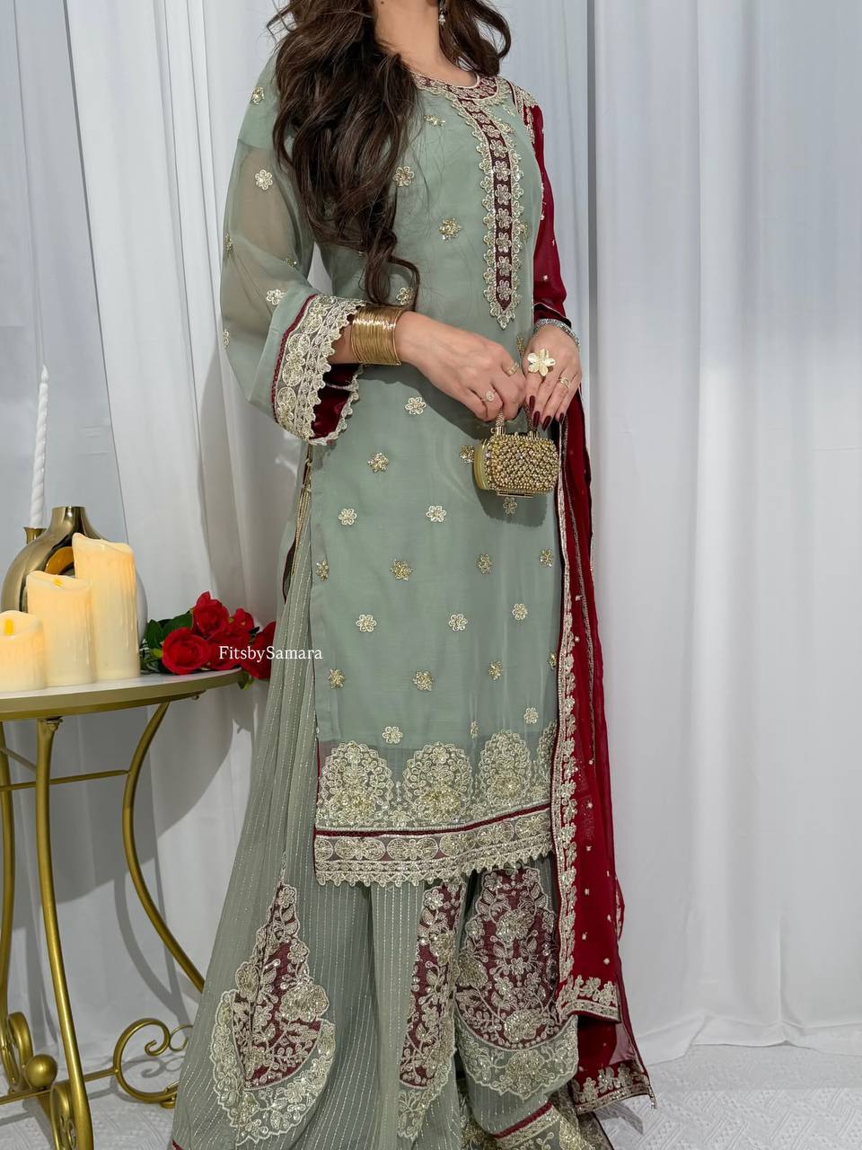 Sage Green Embroidered Palazzo Suit Set with Maroon Dupatta | Festive & Wedding Wear