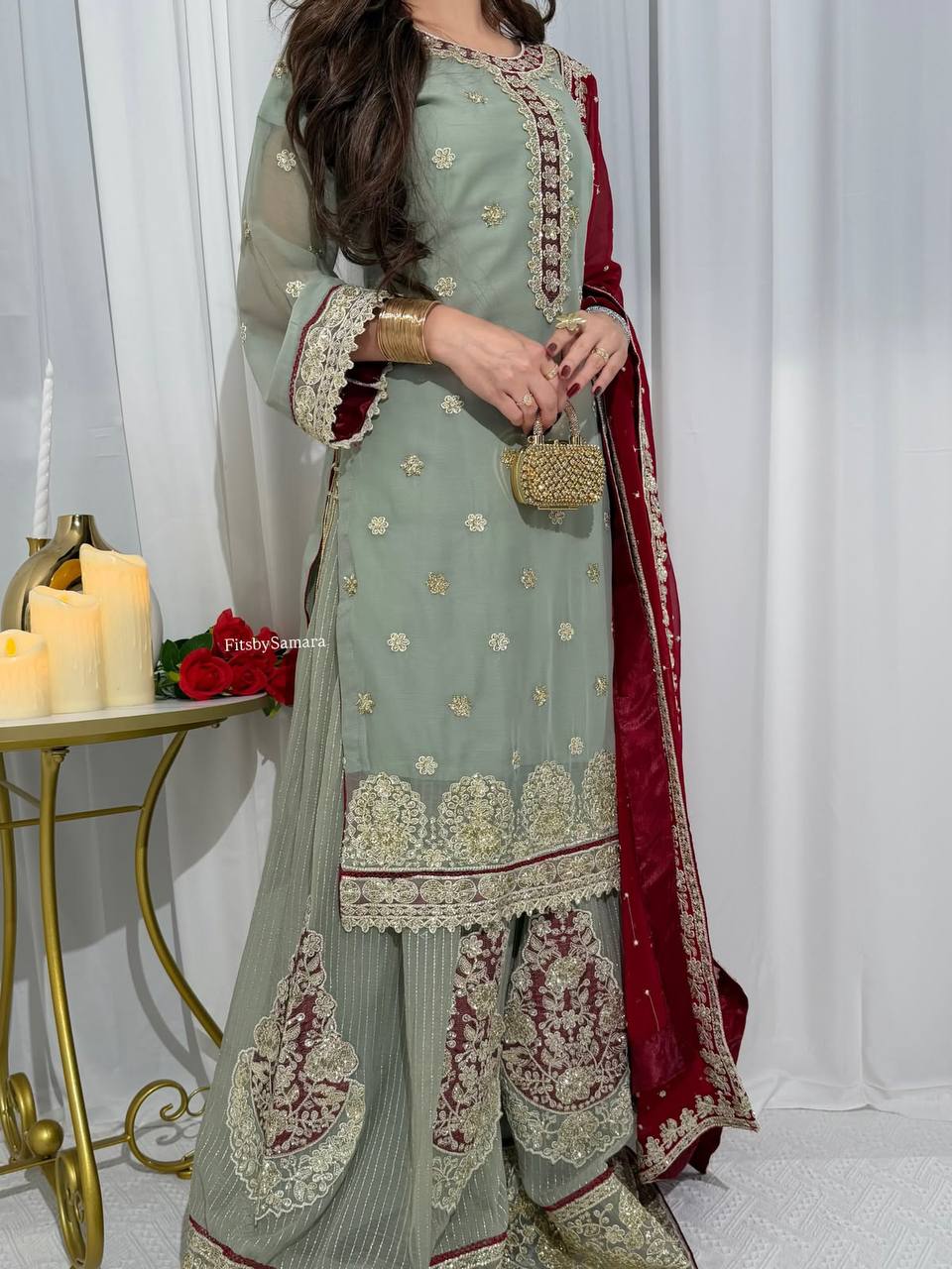 Sage Green Embroidered Palazzo Suit Set with Maroon Dupatta | Festive & Wedding Wear