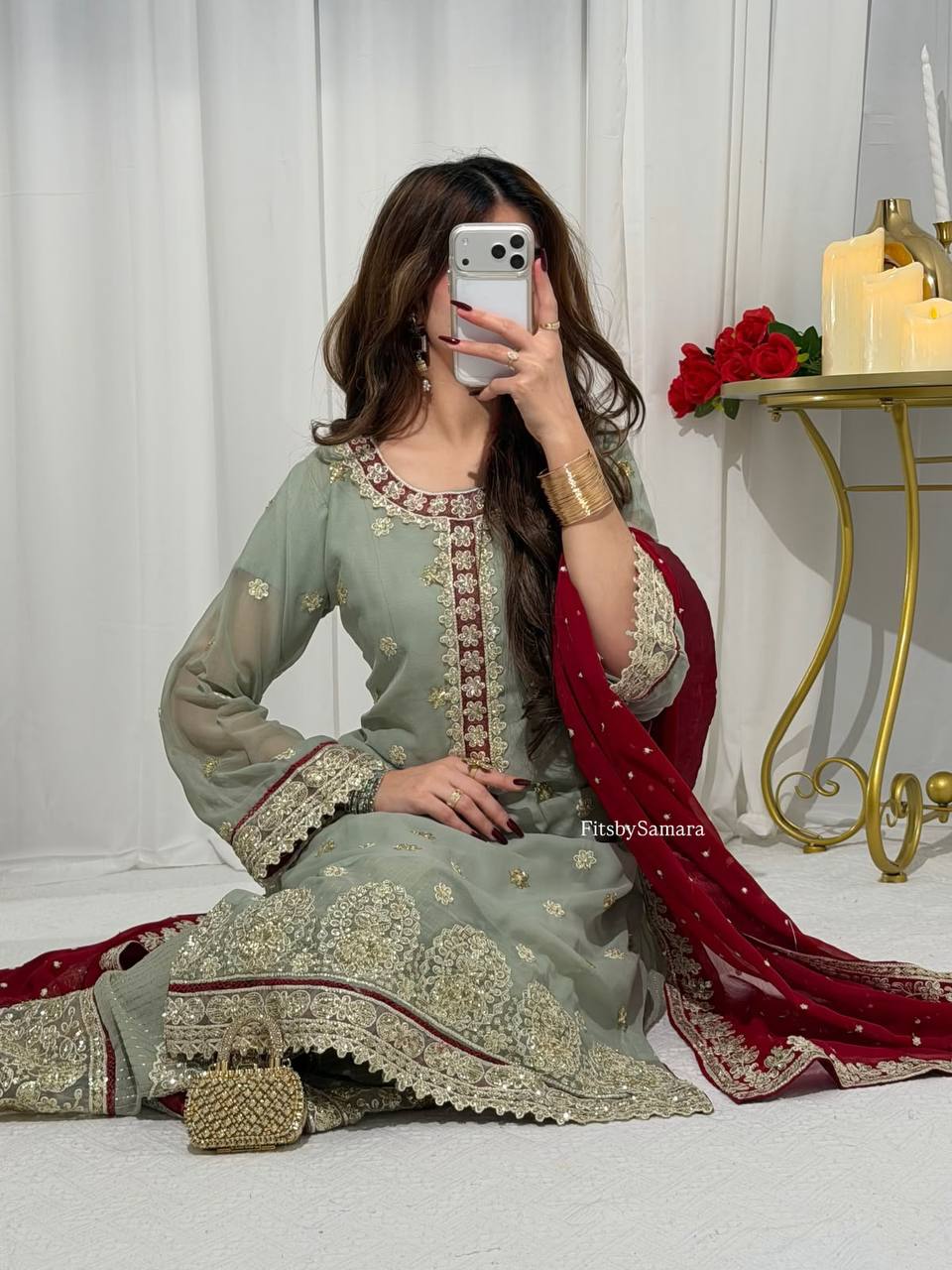 Sage Green Embroidered Palazzo Suit Set with Maroon Dupatta | Festive & Wedding Wear