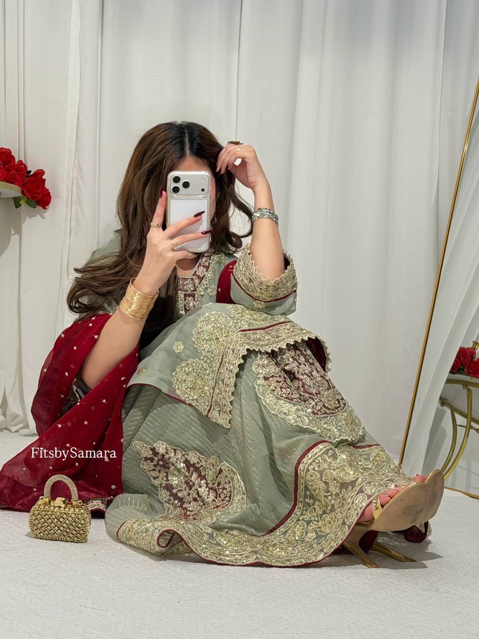Sage Green Embroidered Palazzo Suit Set with Maroon Dupatta | Festive & Wedding Wear