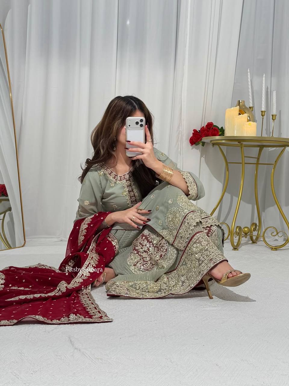 Sage Green Embroidered Palazzo Suit Set with Maroon Dupatta | Festive & Wedding Wear