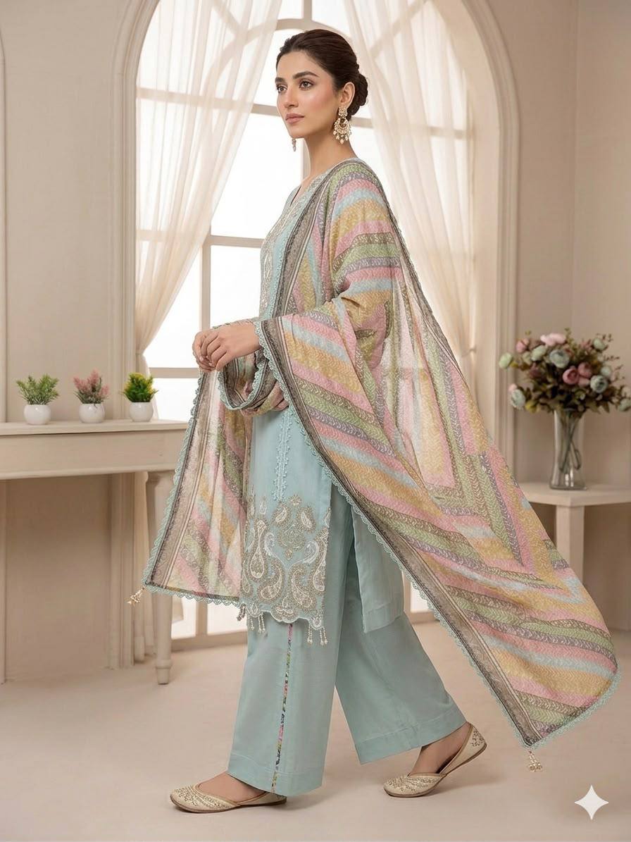 Premium Pakistani 3 Piece Suit Set | Embroidered Kurta, Trouser & Printed Dupatta