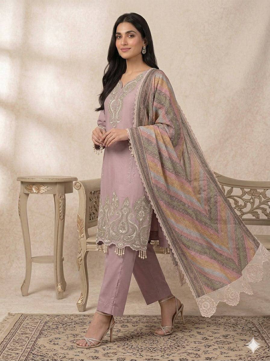 Premium Pakistani 3 Piece Suit Set | Embroidered Kurta, Trouser & Printed Dupatta