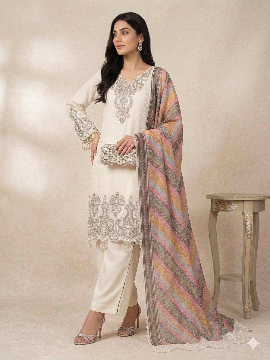 Premium Pakistani 3 Piece Suit Set | Embroidered Kurta, Trouser & Printed Dupatta