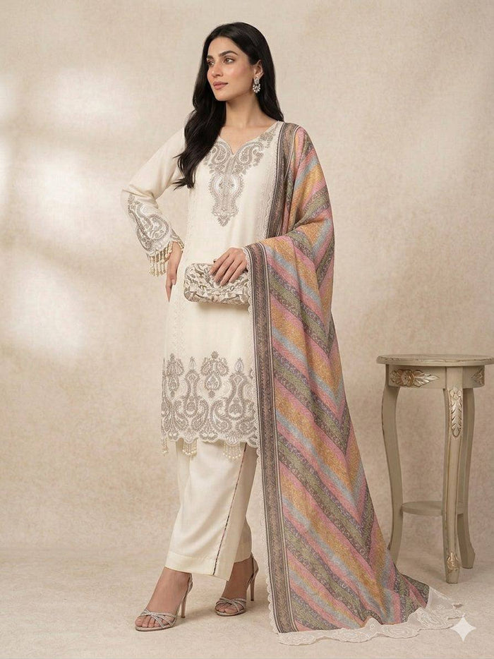 Premium Pakistani 3 Piece Suit Set | Embroidered Kurta, Trouser & Printed Dupatta