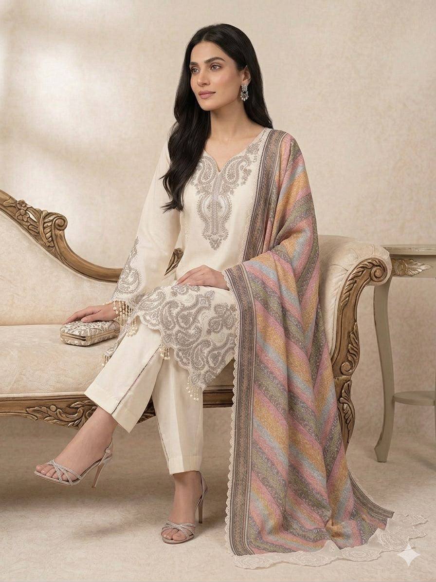 Premium Pakistani 3 Piece Suit Set | Embroidered Kurta, Trouser & Printed Dupatta