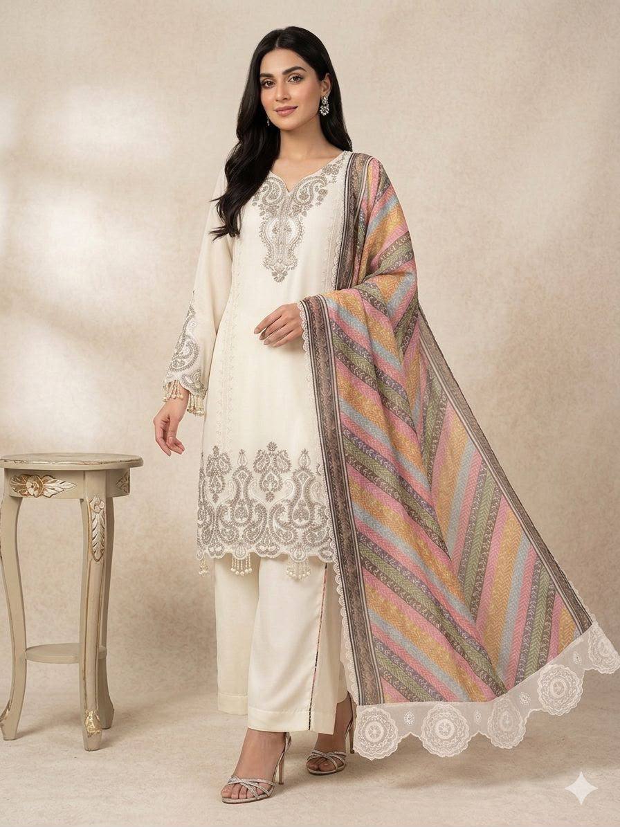 Premium Pakistani 3 Piece Suit Set | Embroidered Kurta, Trouser & Printed Dupatta