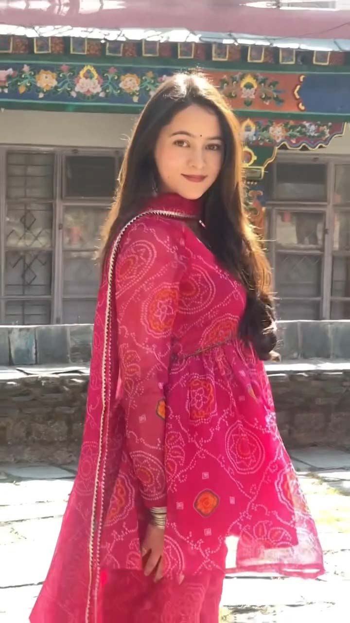 Women’s Pink Printed Ethnic Gown Style Kurta Set with Matching Palazzo