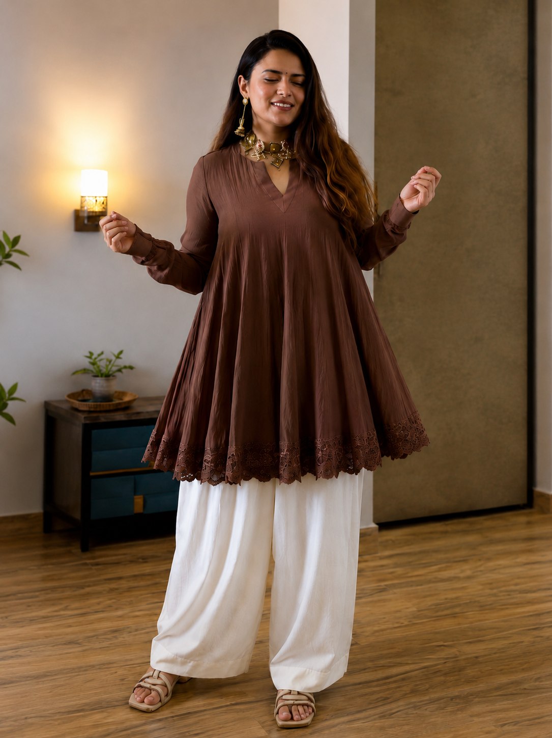 Designer Embroidered Kurta Palazzo Set for Women | V-Neck Flared Kurta Set