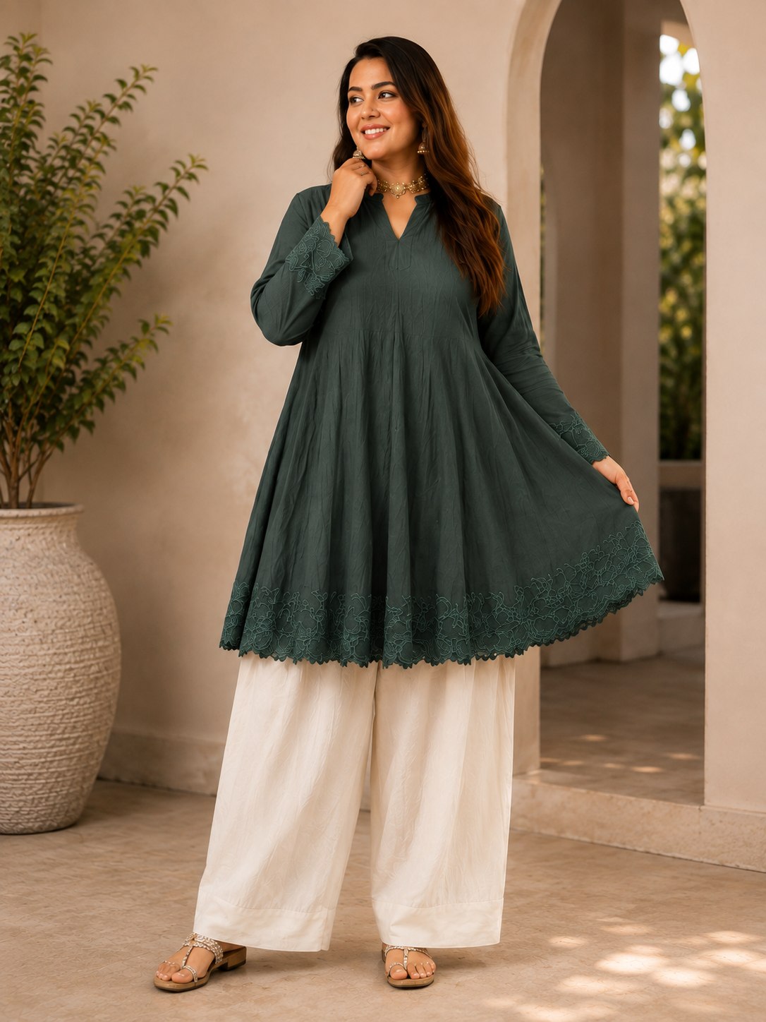 Designer Embroidered Kurta Palazzo Set for Women | V-Neck Flared Kurta Set