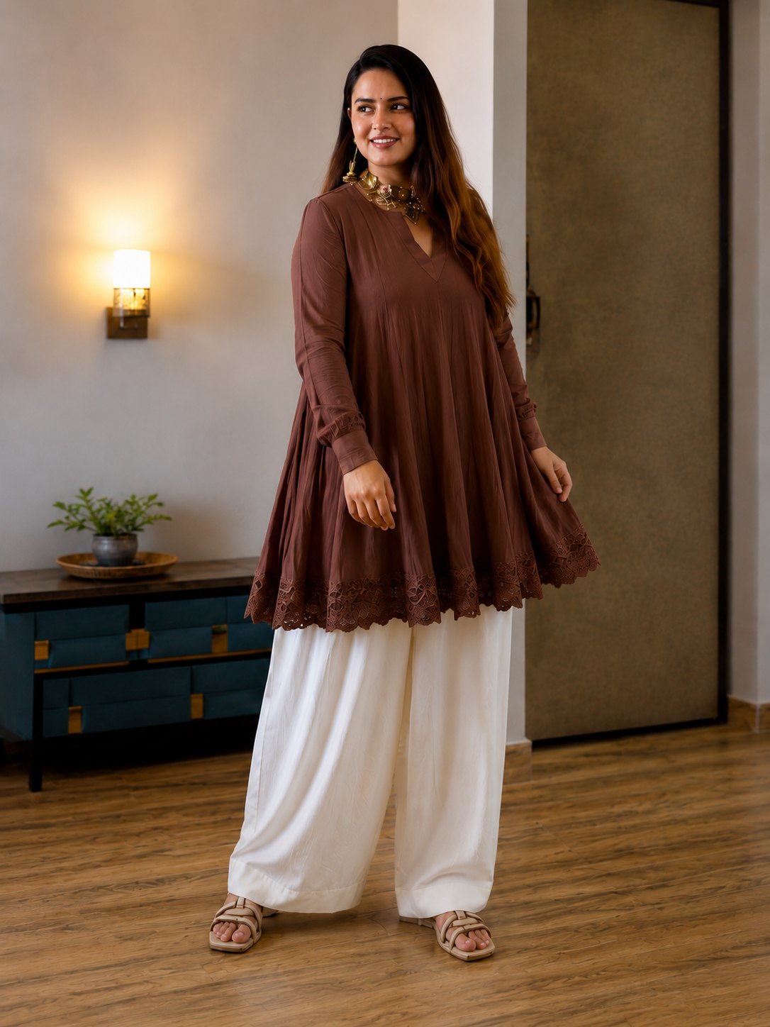 Designer Embroidered Kurta Palazzo Set for Women | V-Neck Flared Kurta Set