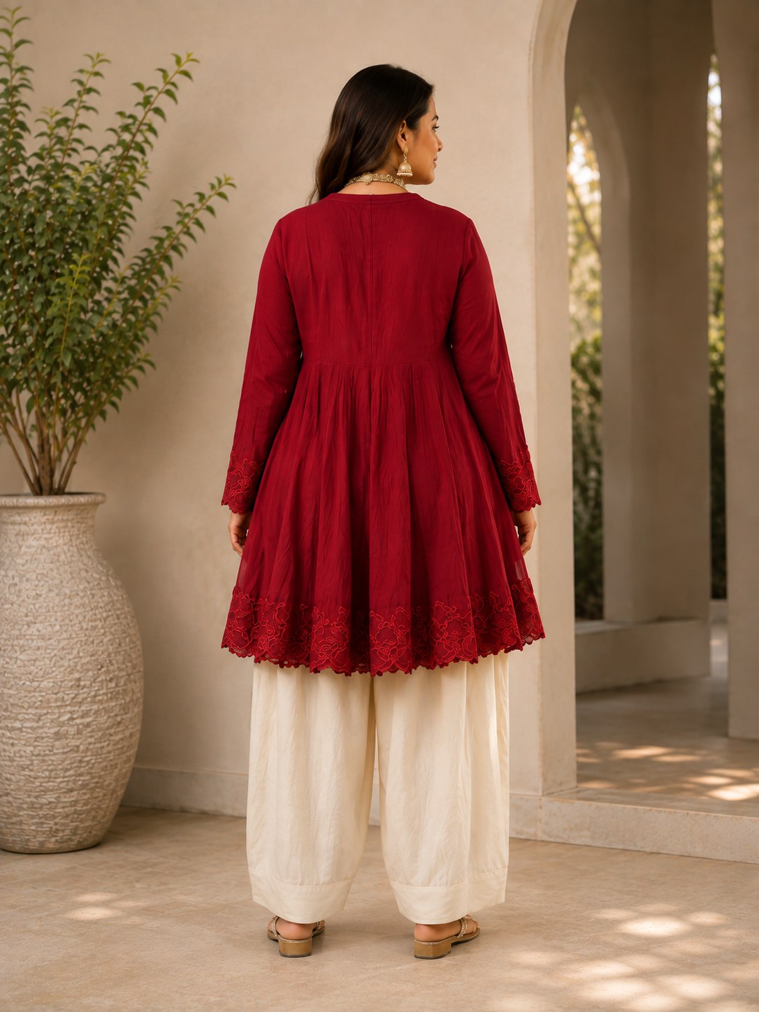 Designer Embroidered Kurta Palazzo Set for Women | V-Neck Flared Kurta Set