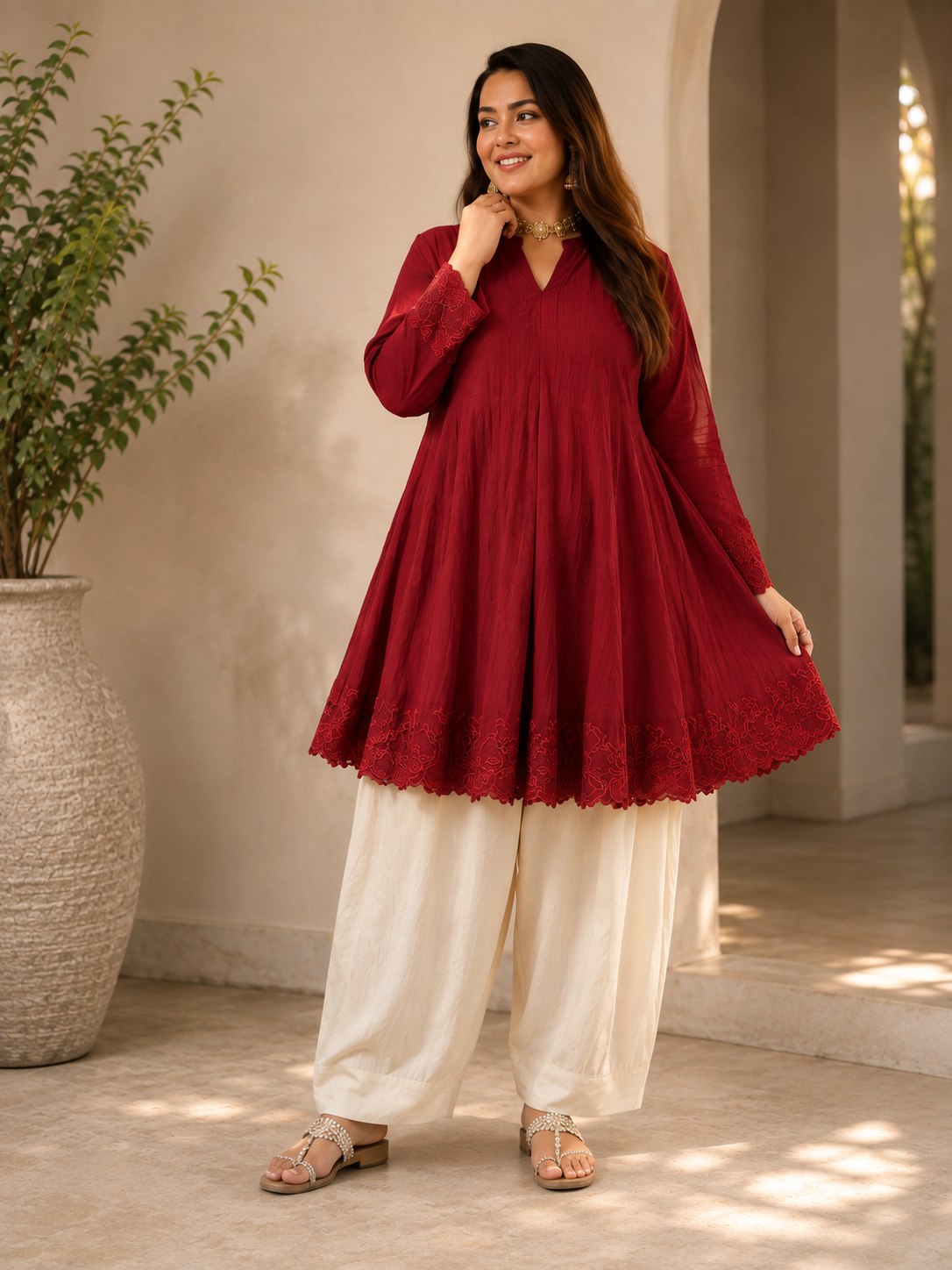 Designer Embroidered Kurta Palazzo Set for Women | V-Neck Flared Kurta Set
