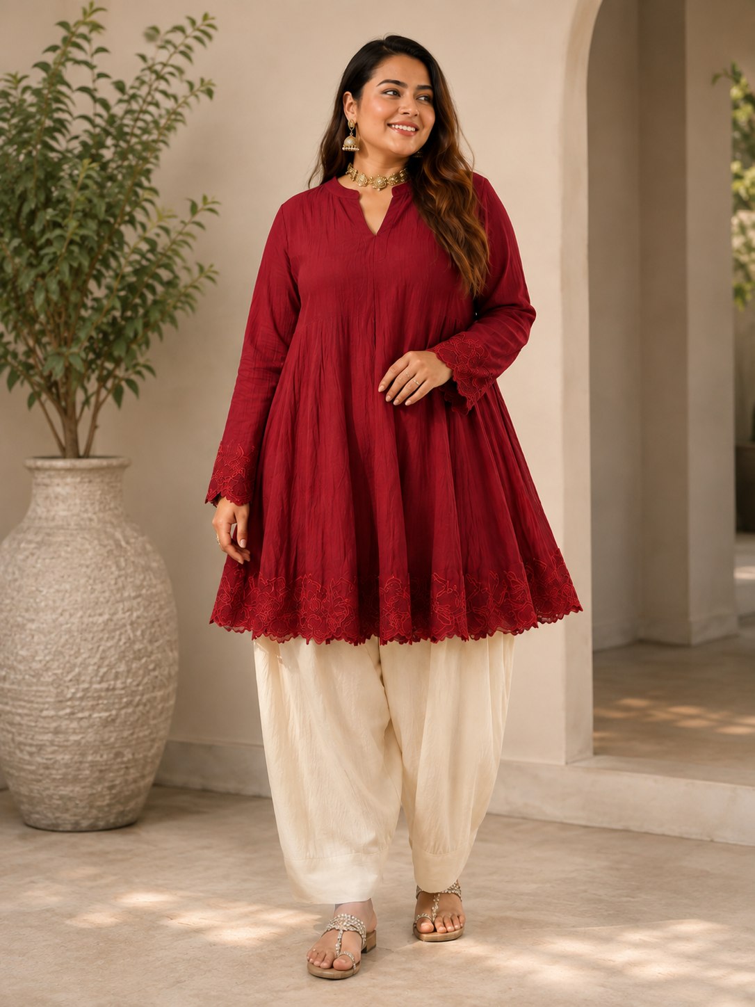 Designer Embroidered Kurta Palazzo Set for Women | V-Neck Flared Kurta Set