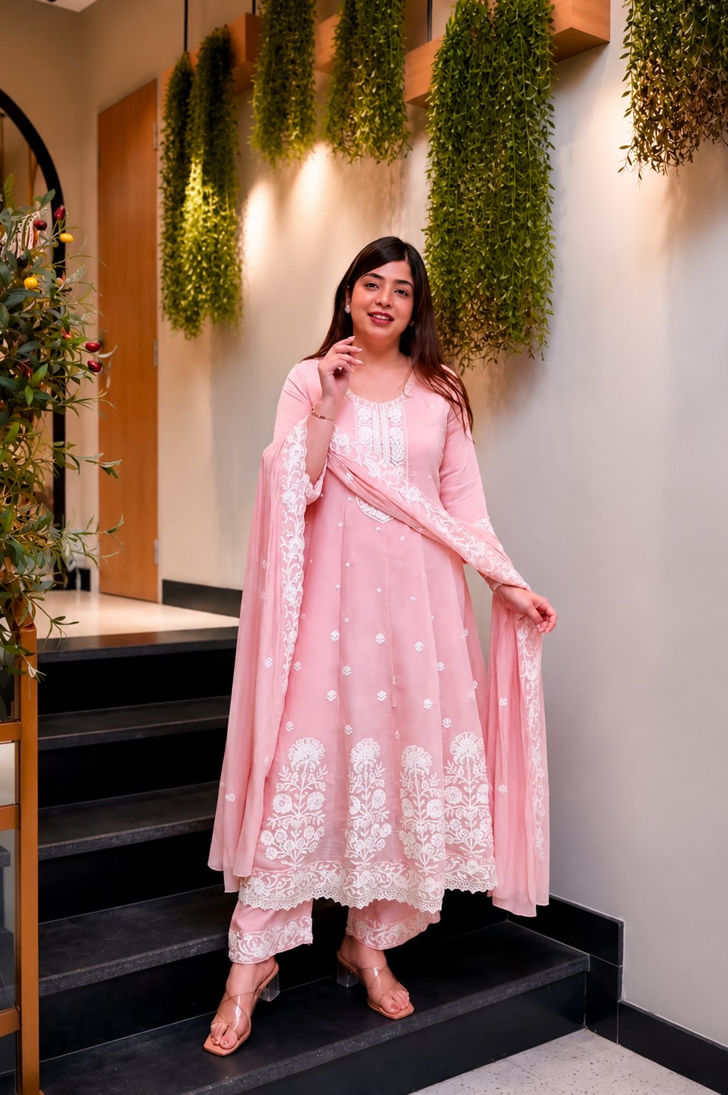 Pink Embroidered Chikankari Kurta Palazzo Dupatta Set | 3 Piece Suit Set