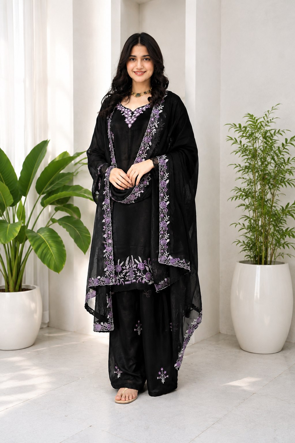 Black Embroidered 3 Piece Salwar Suit Set with Dupatta