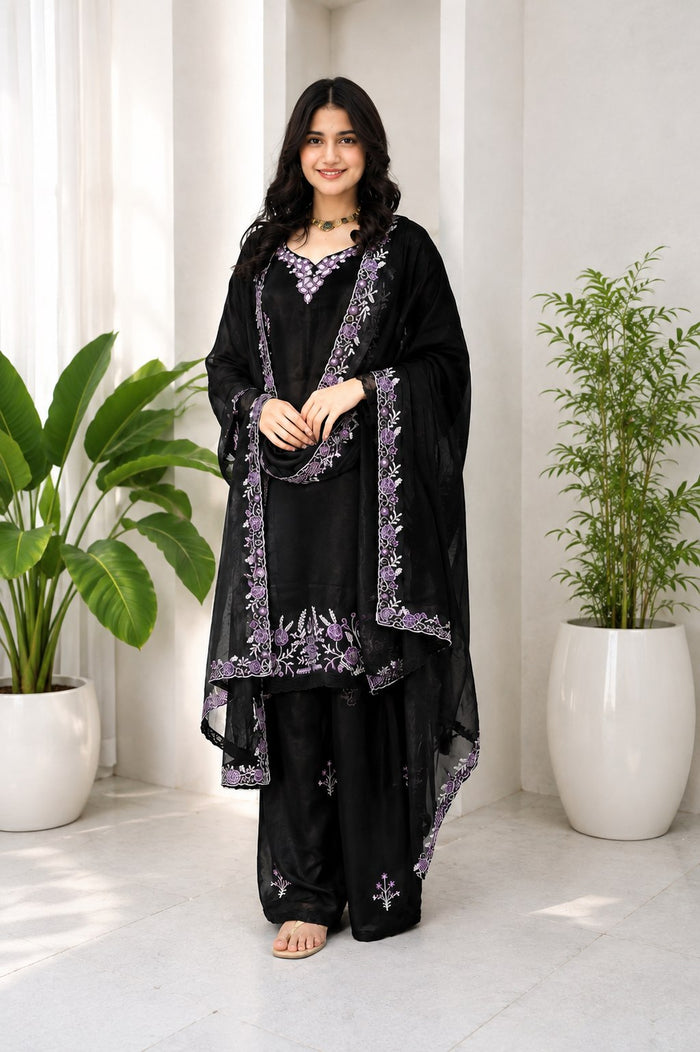 Black Embroidered 3 Piece Salwar Suit Set with Dupatta