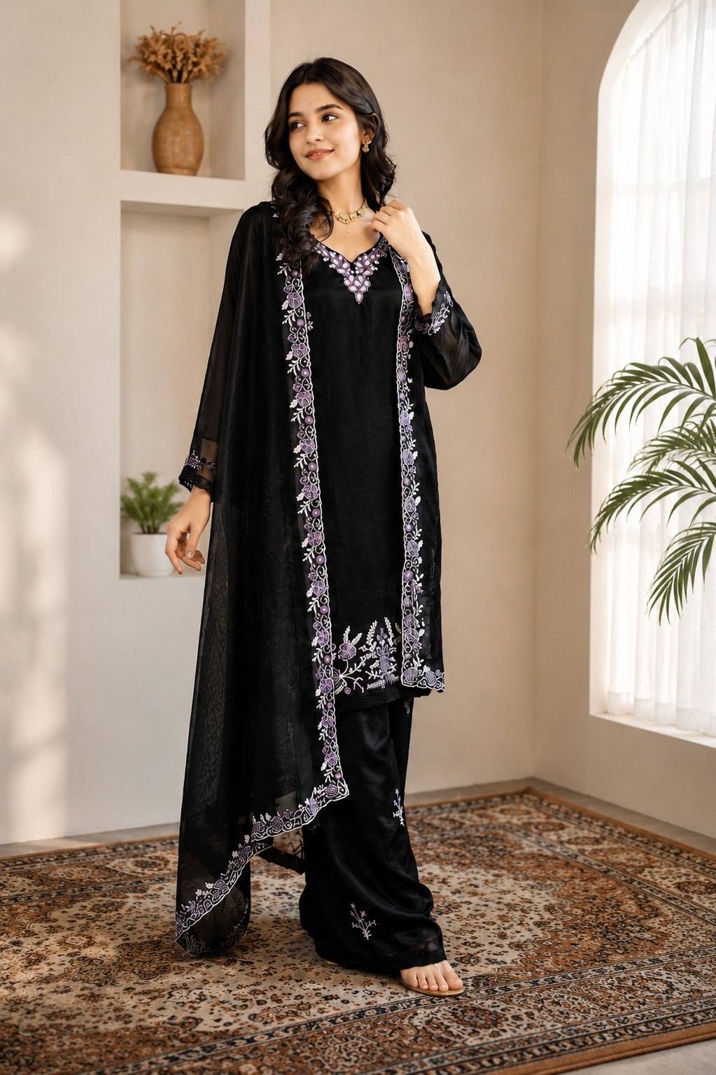 Black Embroidered 3 Piece Salwar Suit Set with Dupatta