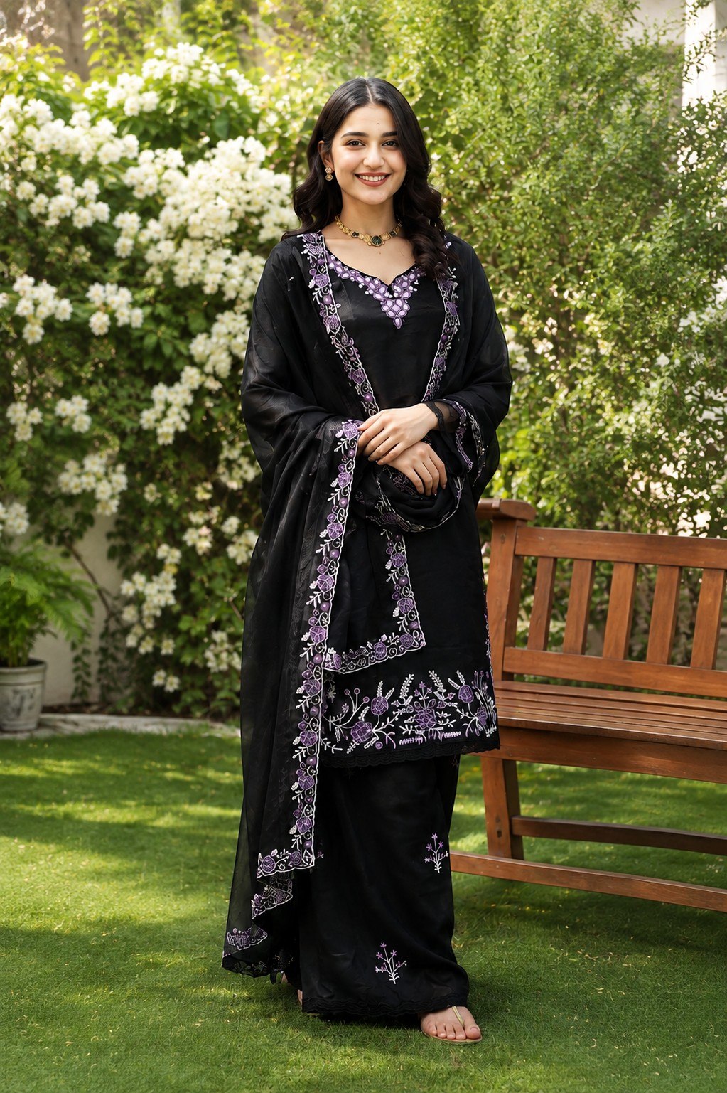 Black Embroidered 3 Piece Salwar Suit Set with Dupatta