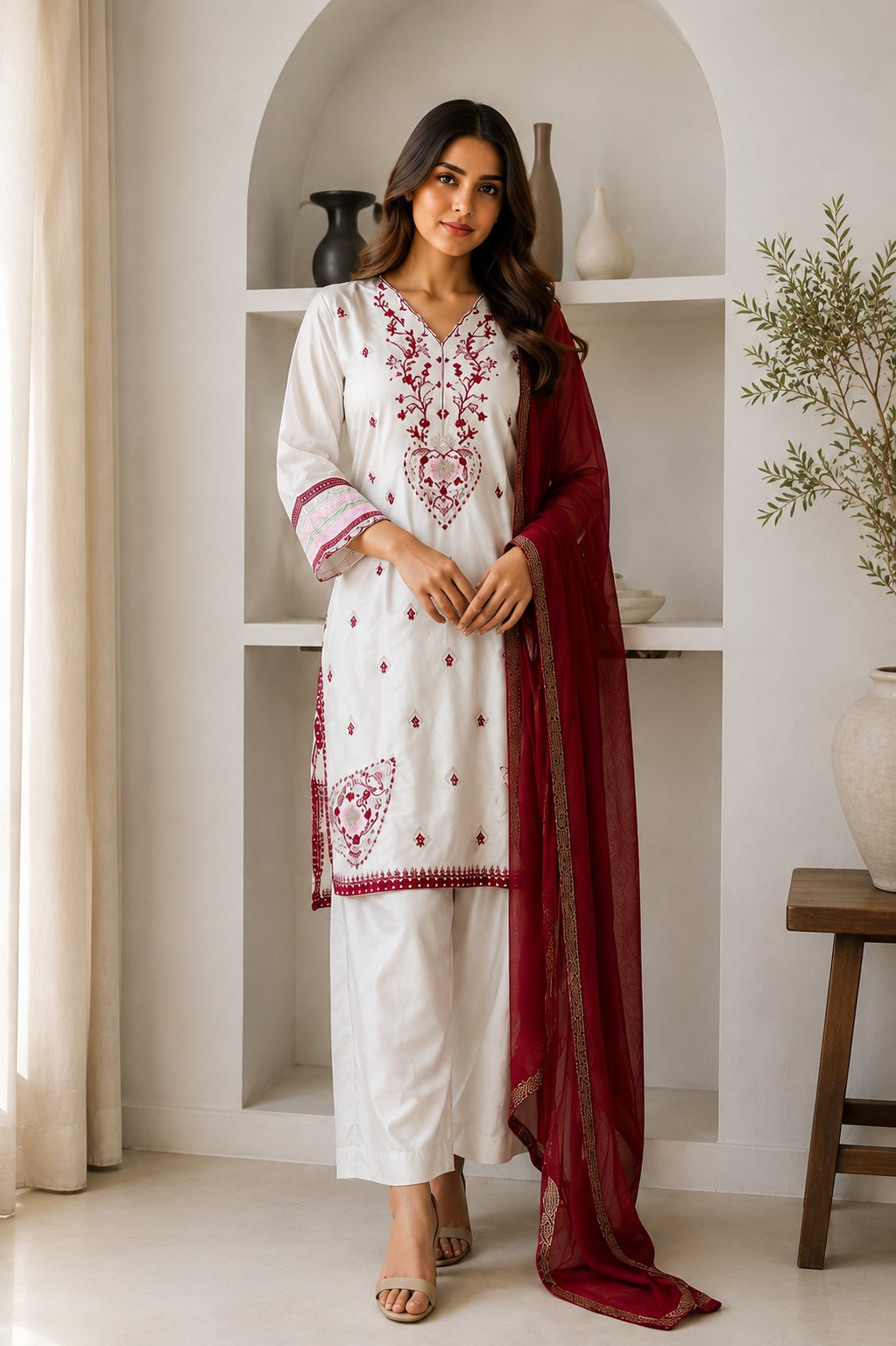 Designer White Printed Kurta Pant & Maroon Dupatta 3 Piece Suit Set