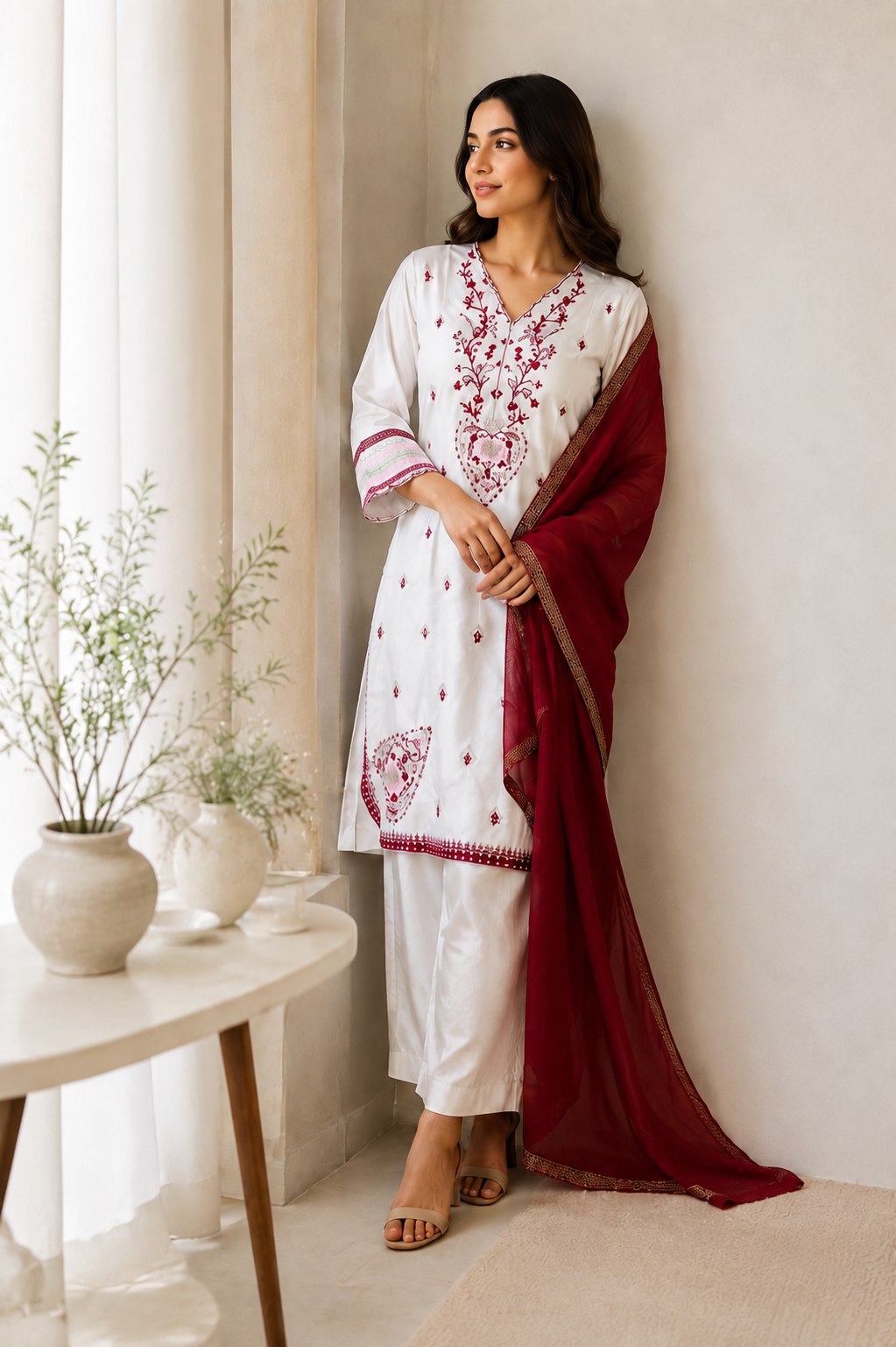 Designer White Printed Kurta Pant & Maroon Dupatta 3 Piece Suit Set