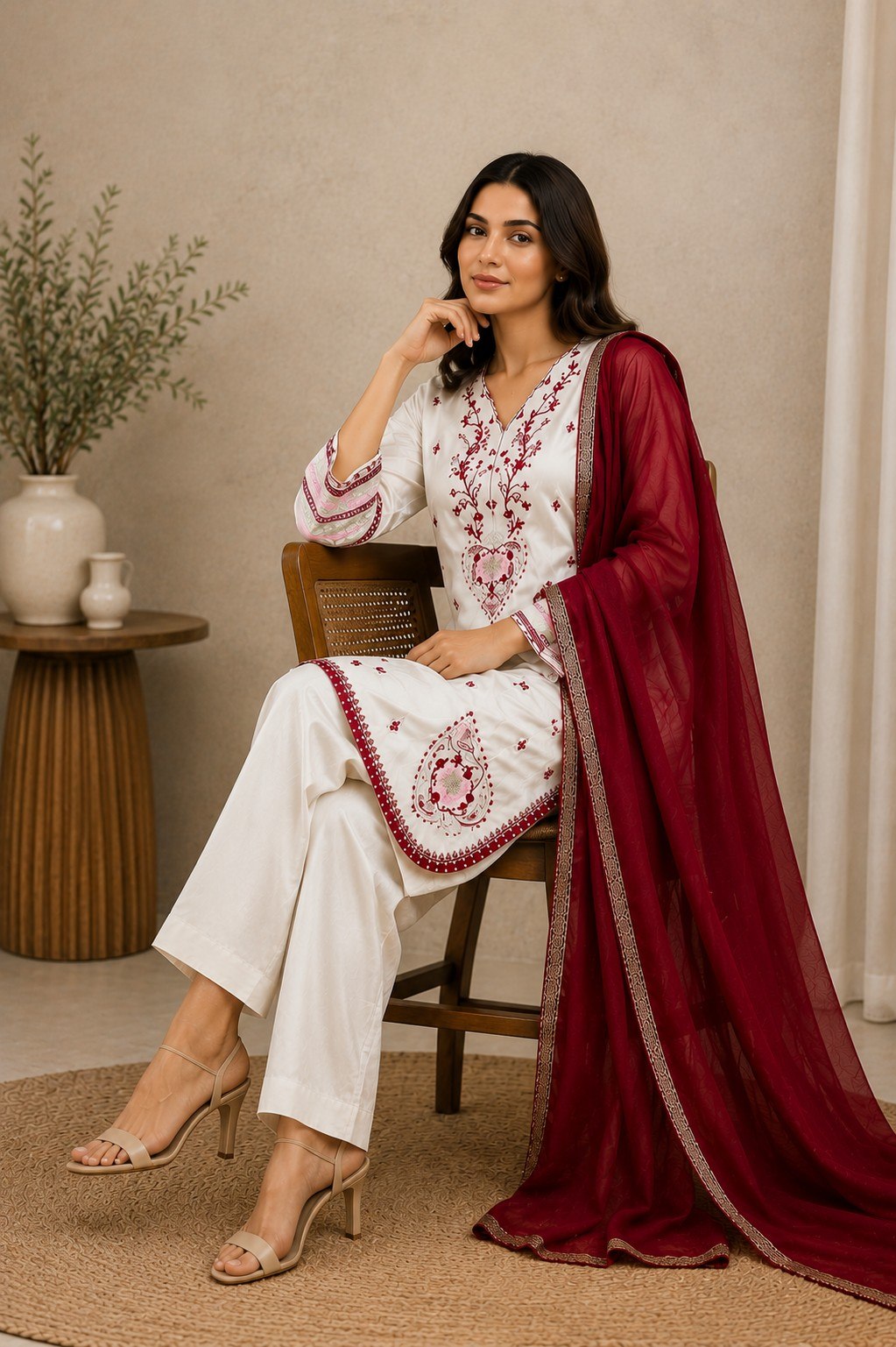 Designer White Printed Kurta Pant & Maroon Dupatta 3 Piece Suit Set