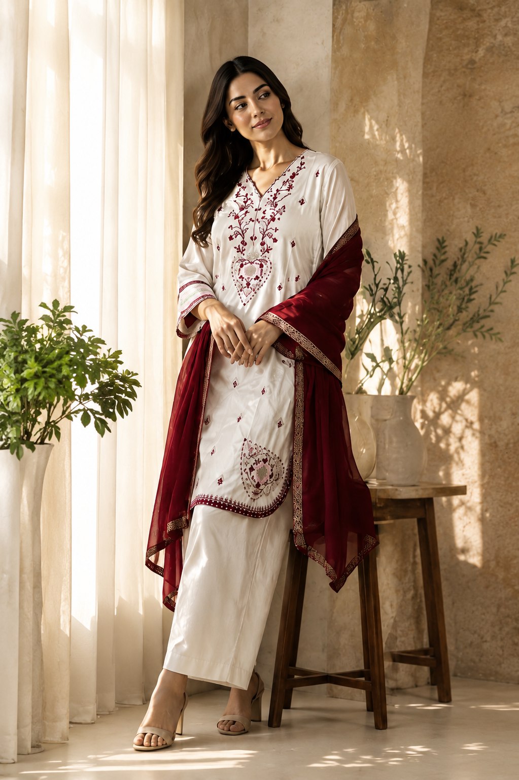 Designer White Printed Kurta Pant & Maroon Dupatta 3 Piece Suit Set
